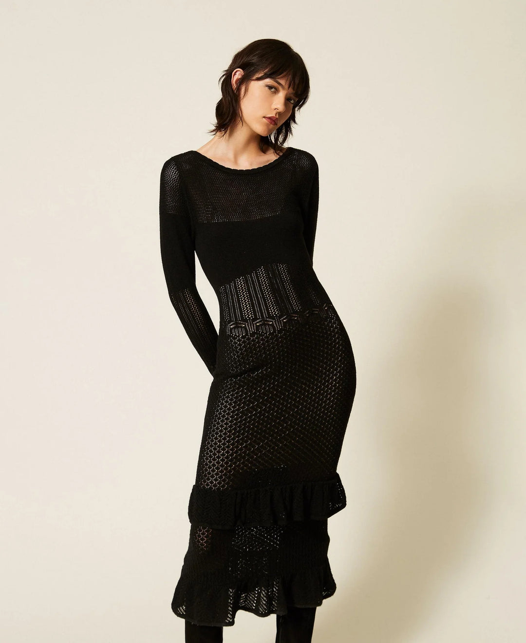 TwinSet - Long Wool Blend Knit Dress with Ruffles