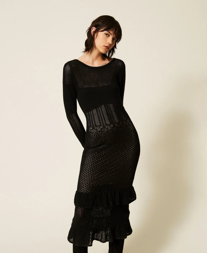 TwinSet - Long Wool Blend Knit Dress with Ruffles