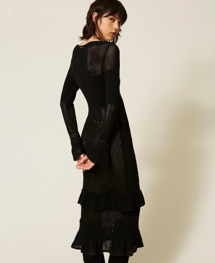 TwinSet - Long Wool Blend Knit Dress with Ruffles