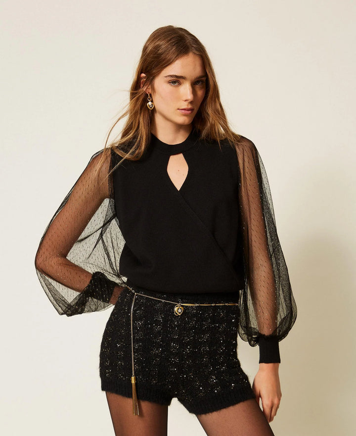 TwinSet -Sweatshirt with Tulle Sleeves