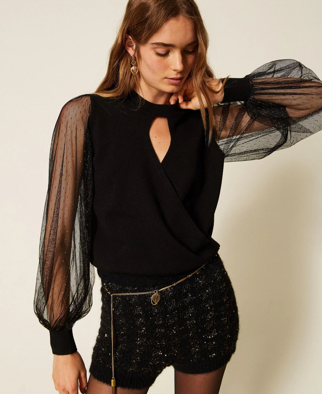 TwinSet -Sweatshirt with Tulle Sleeves