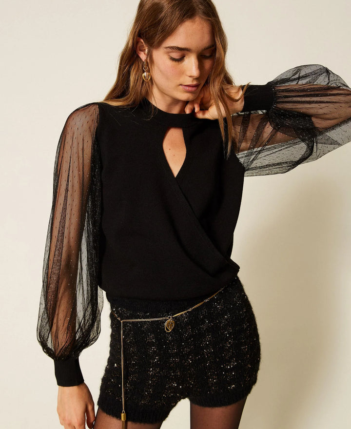TwinSet -Sweatshirt with Tulle Sleeves