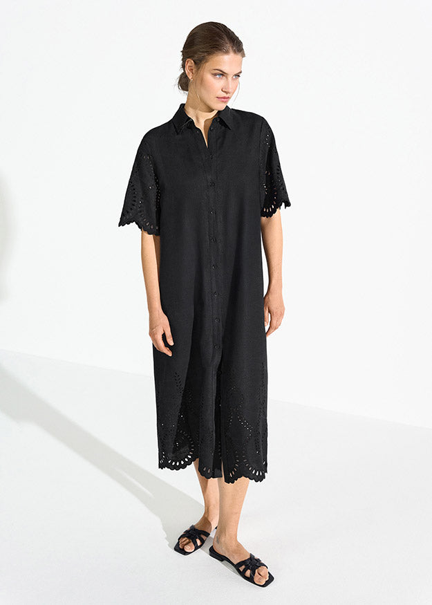 Riani - Embroidered Linen Dress with Eyelet Cutouts