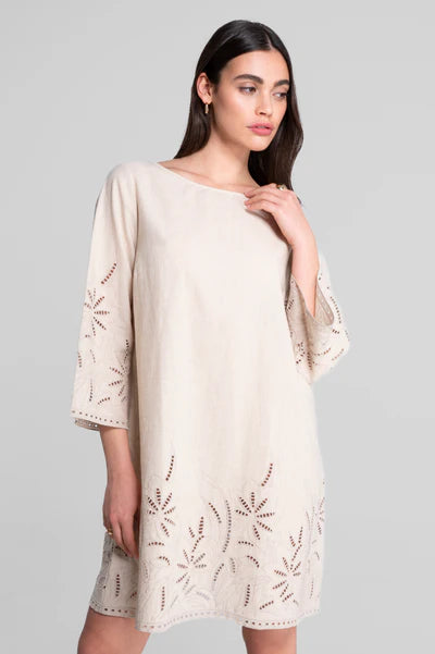 Oscalito - Cotton-linen dress with foliage embroidery