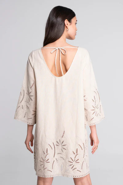 Oscalito - Cotton-linen dress with foliage embroidery